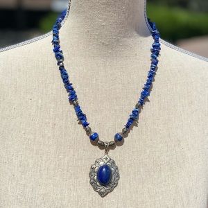 Beaded Lapis Jewelry Blue and Silver Statement Necklace